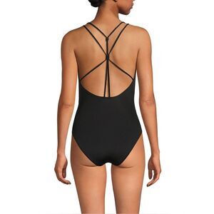 Land's End Tuggless one piece bathing suit quick dry high leg black 14 petite